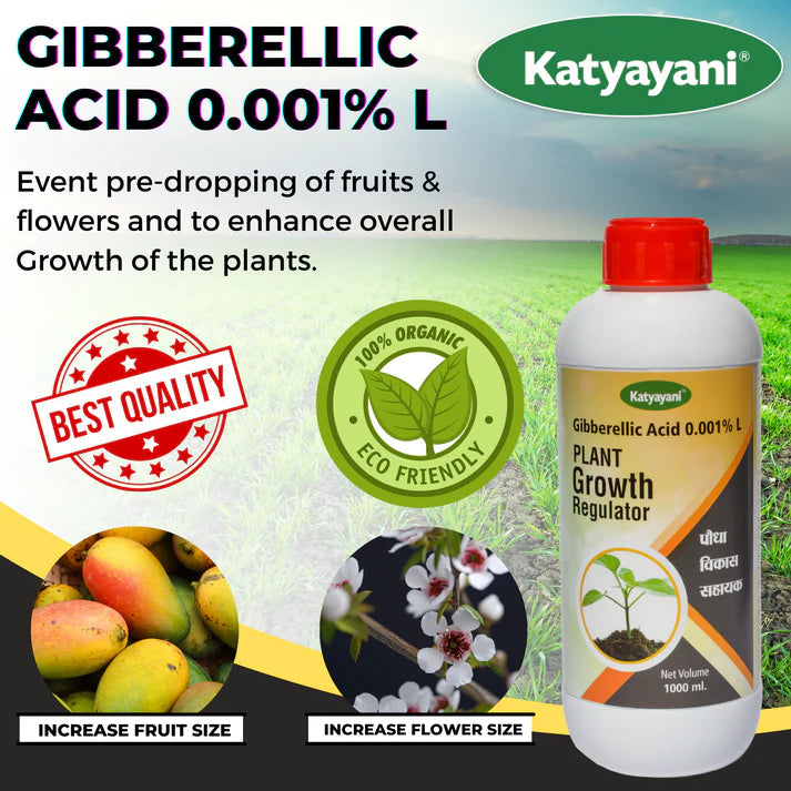 Katyayani Gibberellic Acid plant growth regulator bottle with promotional text and images of fruits and flowers.