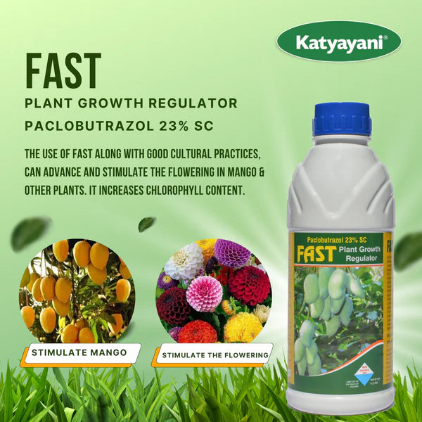 A product image featuring a bottle of 'FAST Plant Growth Regulator Paclobutrazol 23% SC' with illustrations of mangoes and flowers, indicating the product's use for stimulating mango flowering and increasing chlorophyll content.