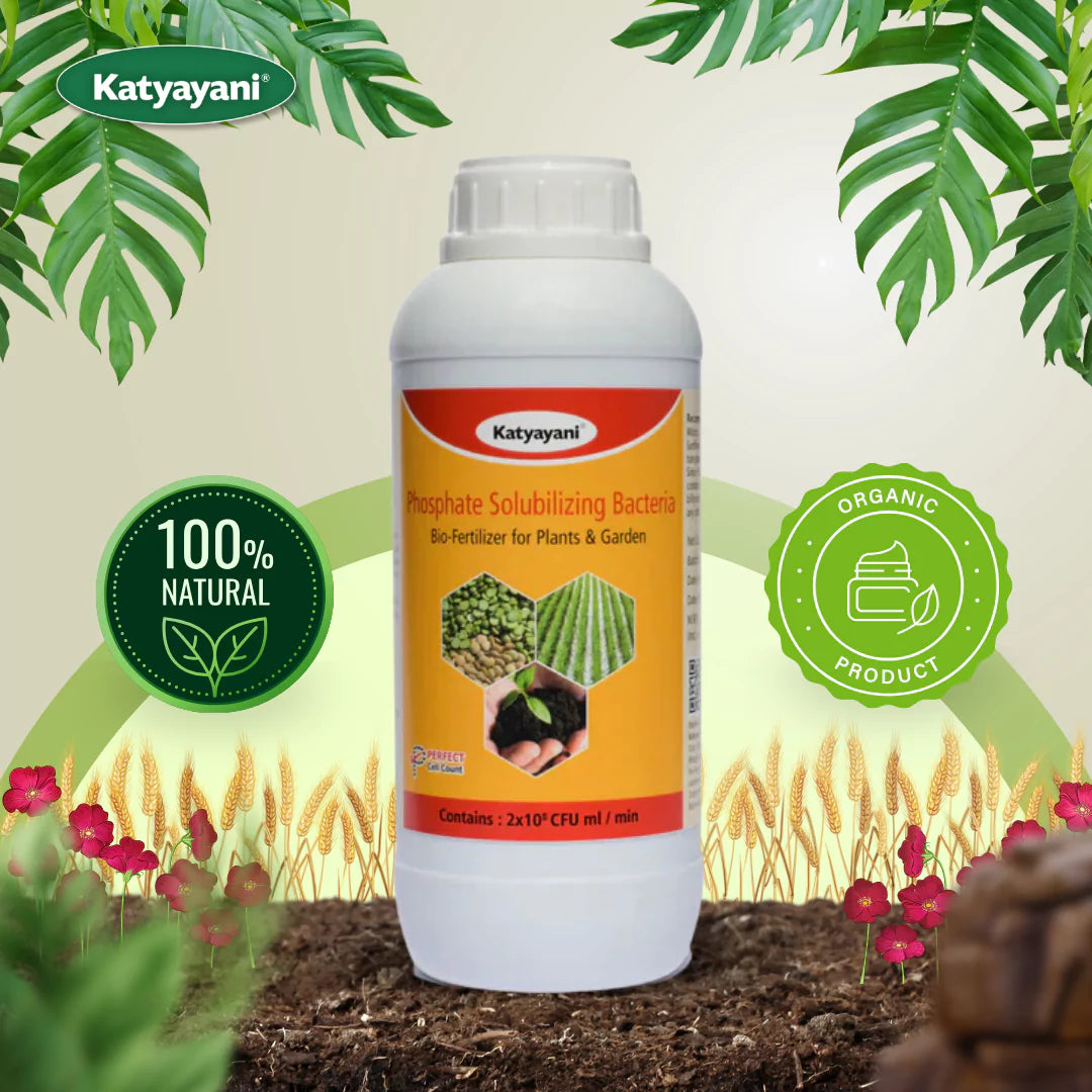 A bottle of Katyayani Phosphate Solubilizing Bacteria bio fertilizer with graphical elements indicating its organic and natural qualities, set against a backdrop featuring plants and soil.
