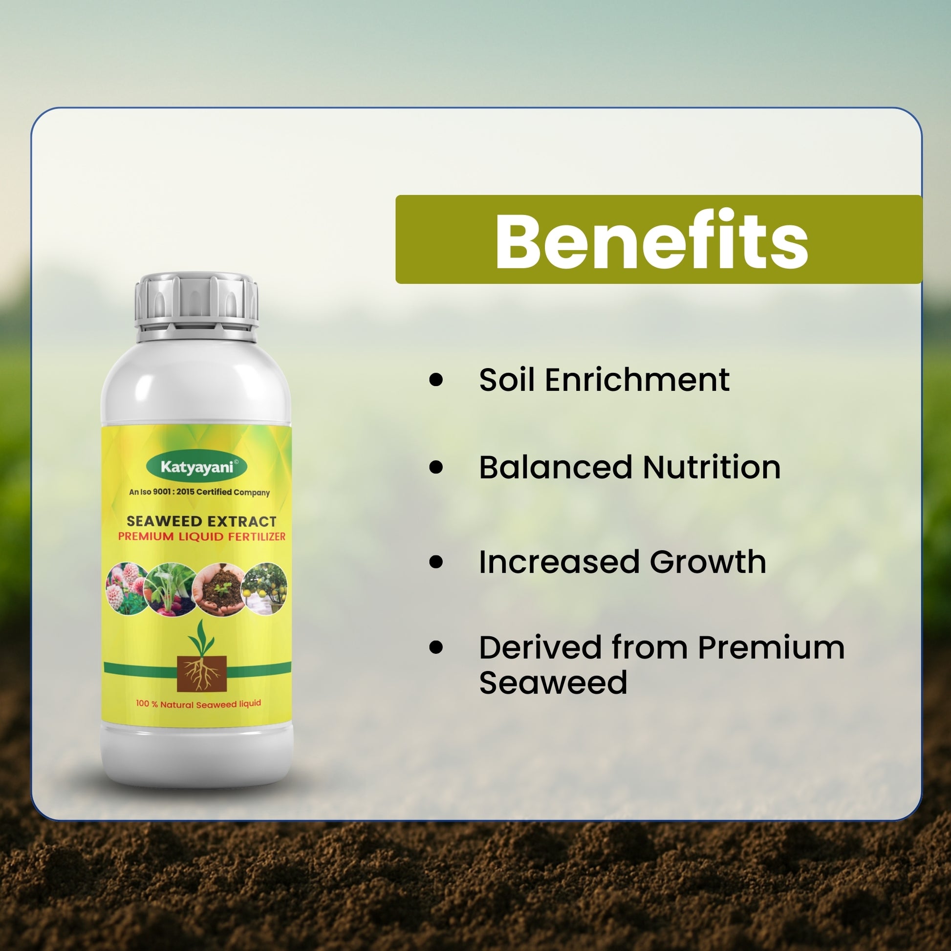 Katyayani Seaweed Extract bottle with benefits listed on a green and brown gradient background