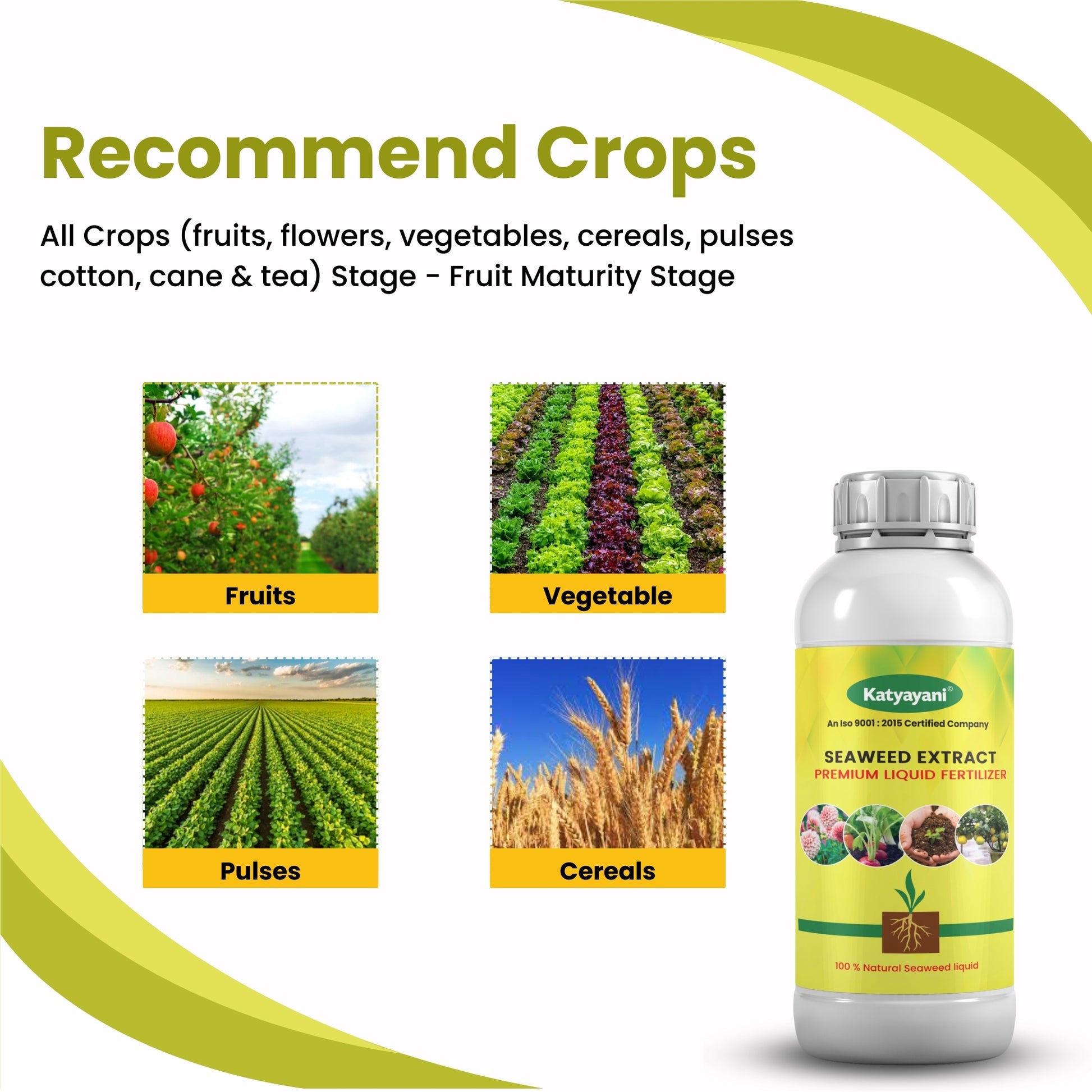 Promotional image for Katyayani Seaweed Extract with images of fruits, vegetables, pulses, and cereals.