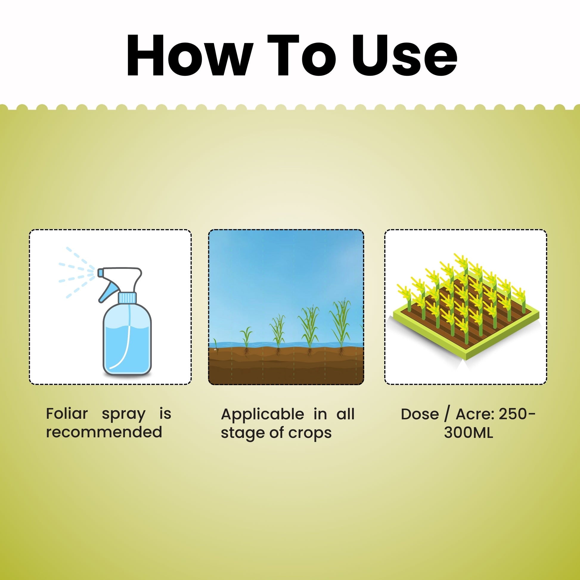 Instructions on how to use a foliar spray for crops with illustrations and text.