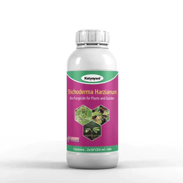 A bottle of Katyayani Trichoderma Harzianum bio fungicide with label showing the product name and images of plants.