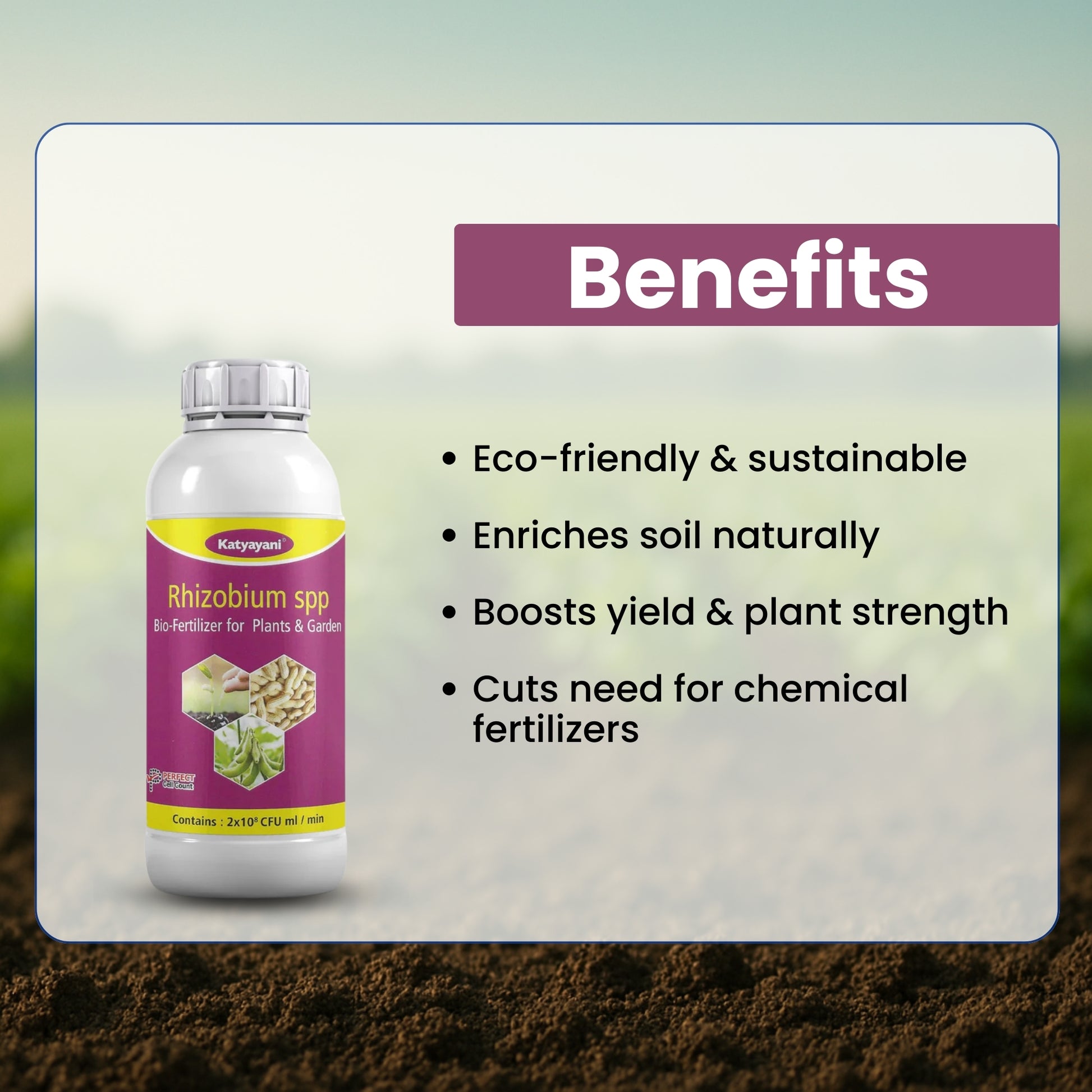 Bio-fertilizer bottle with benefits listed on a blurred natural background