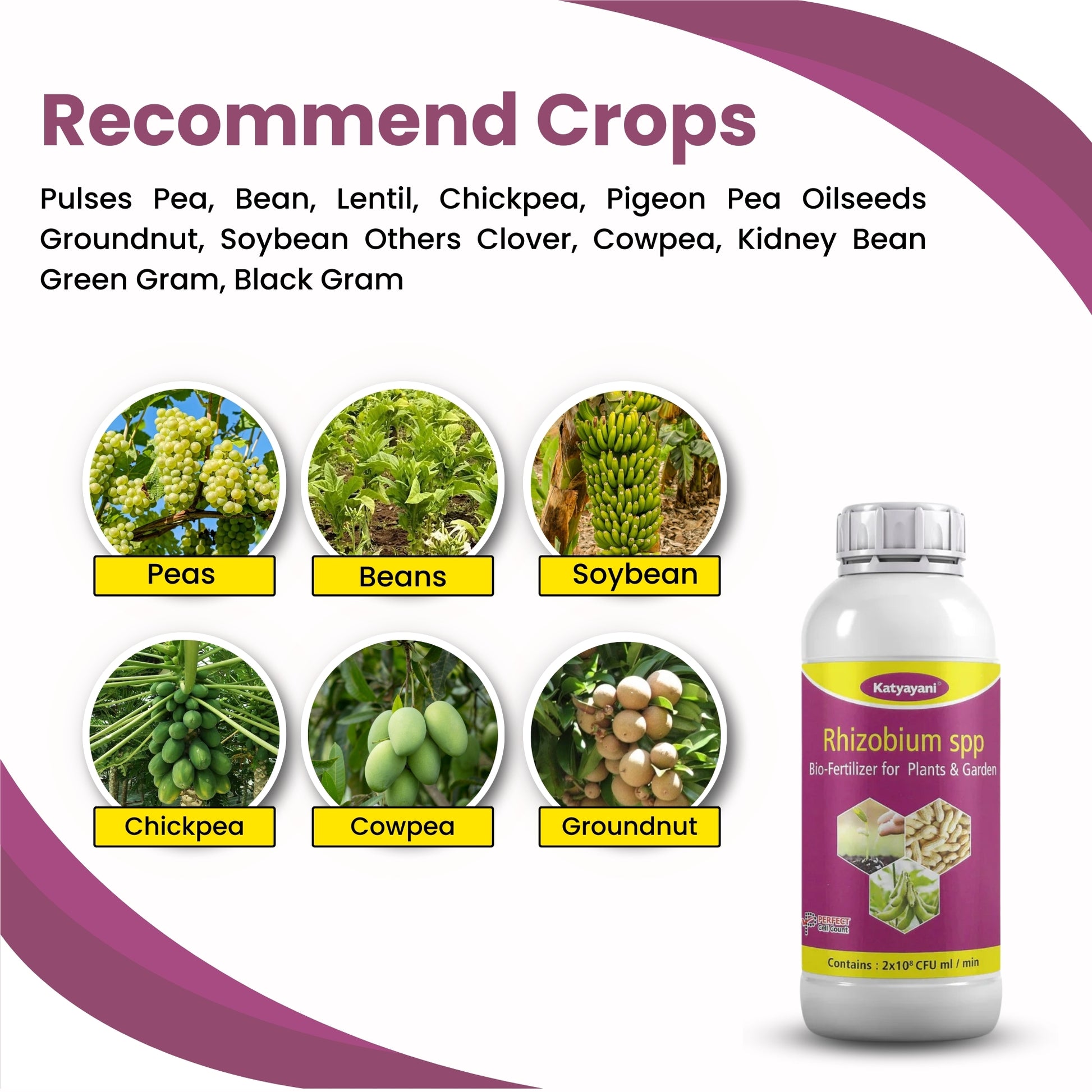Promotional image for crops and a bottle of Rhizobium spp bio-fertilizer.