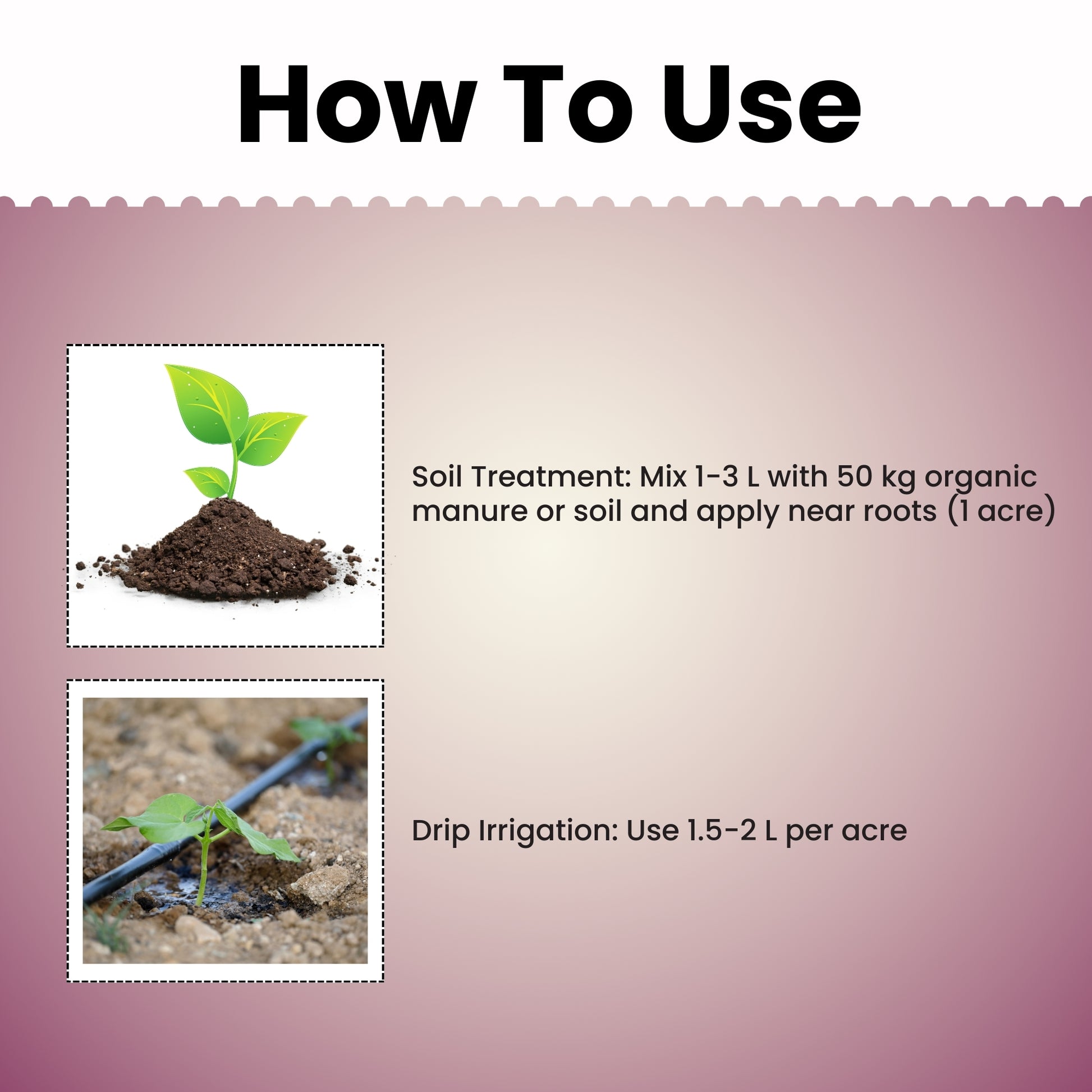 Instructions on using soil treatment and drip irrigation with images and text.