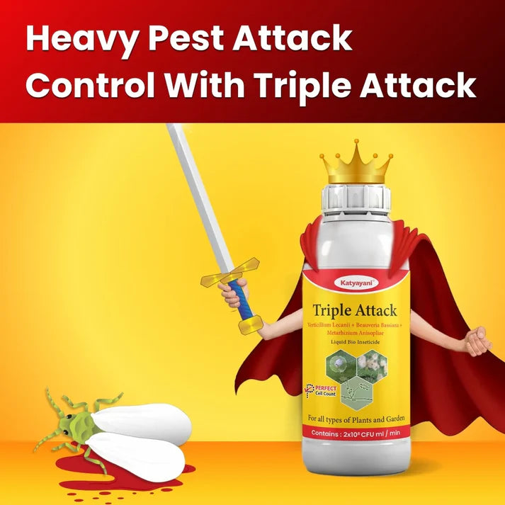 Bottle labeled 'Triple Attack' with a superhero theme on a yellow background, featuring text about pest control.