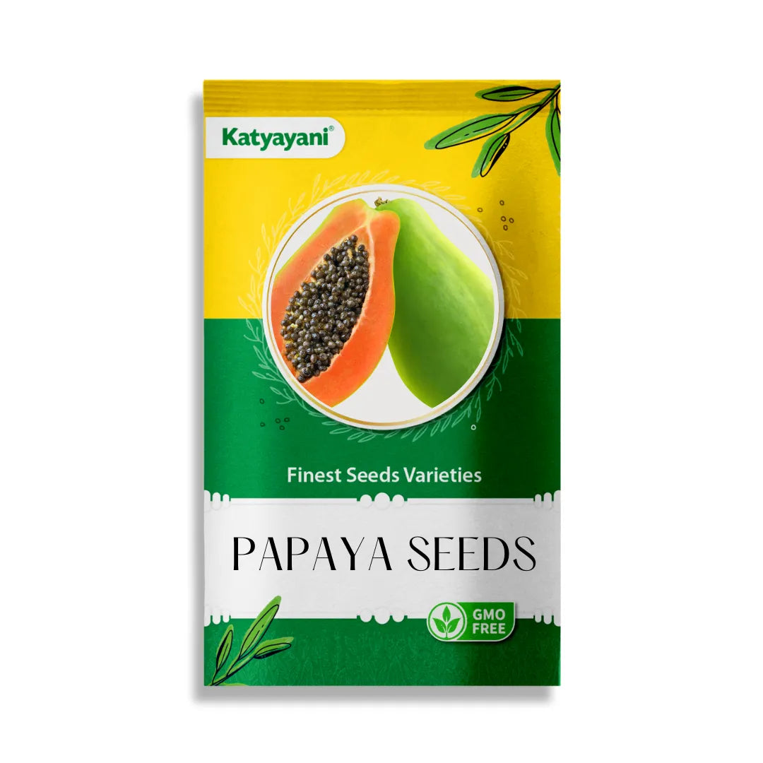 A packet of GGV Papaya Fruit Seeds with an illustration of a papaya slice and seeds on the front.