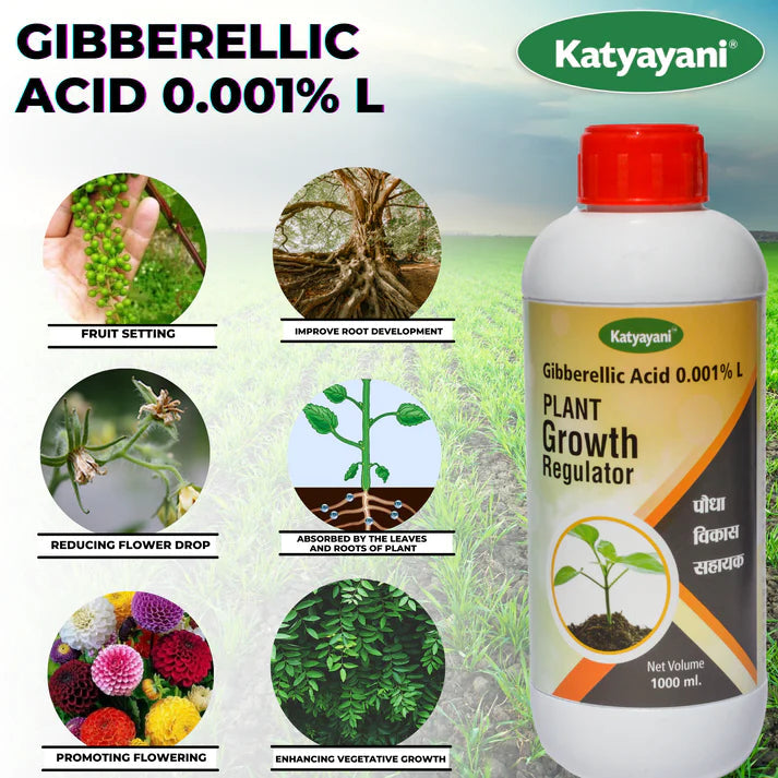 Katayani Gibberellic Acid plant growth regulator bottle with benefits on a green background
