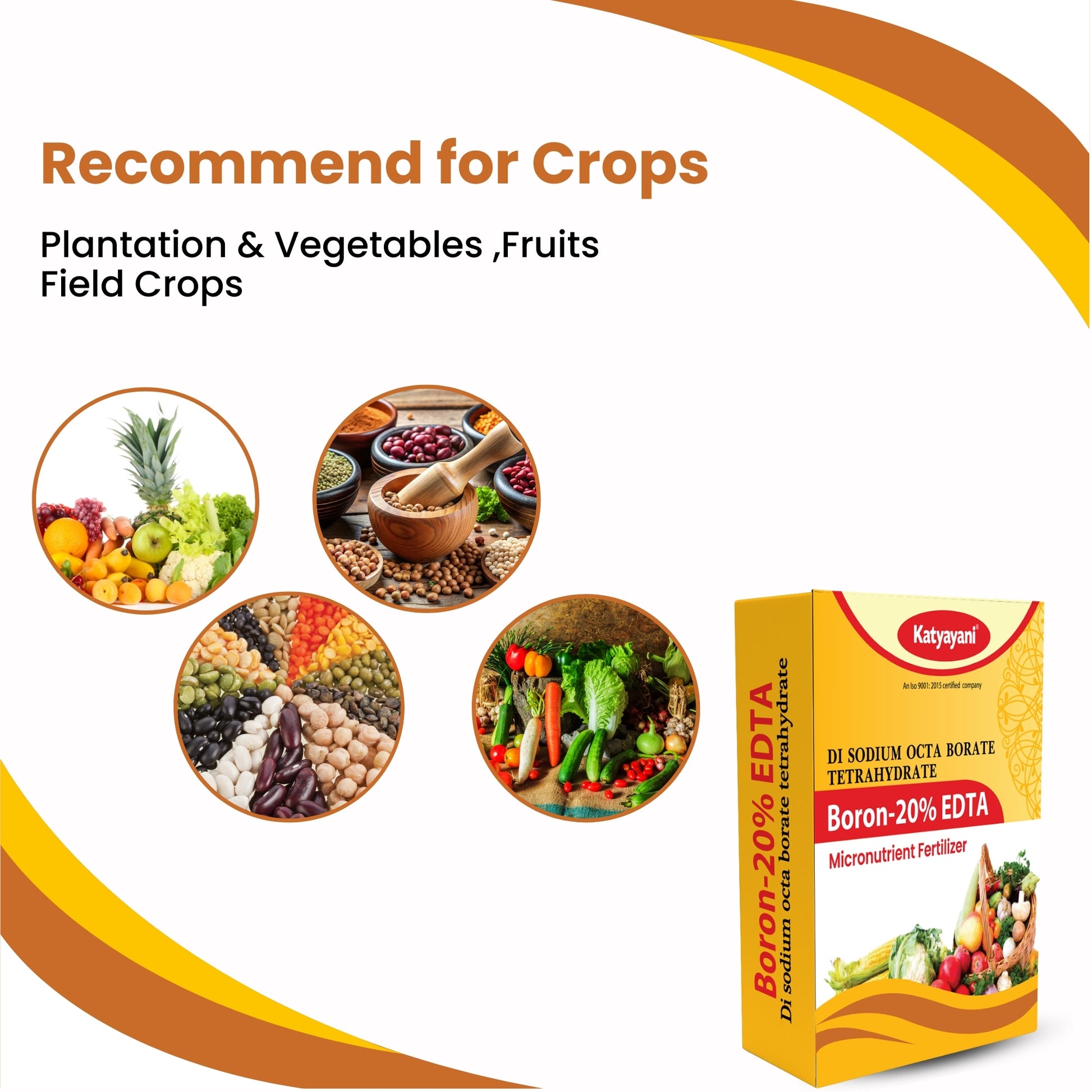 Fertilizer package for crops with images of fruits, vegetables, and grains on a white background.