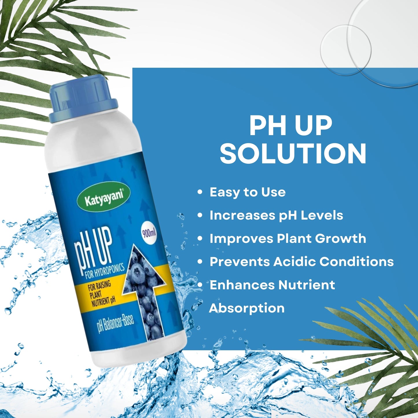 Katyayani pH Up solution bottle with plant growth benefits on a blue background