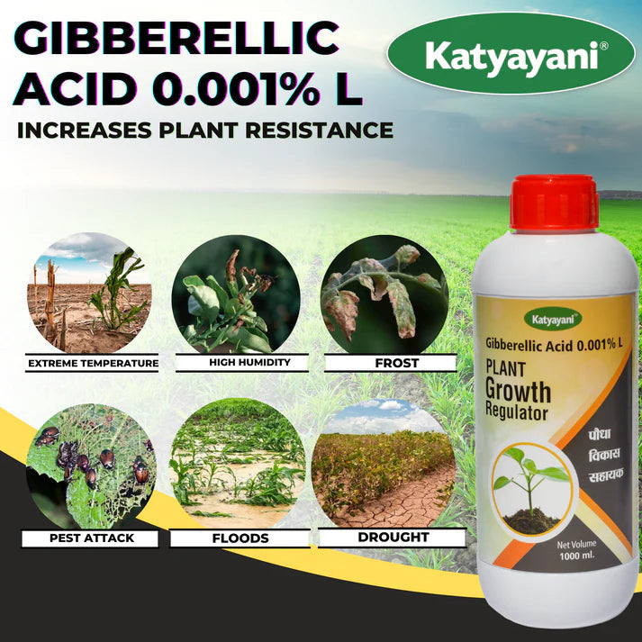 Katyayani Gibberellic Acid plant growth regulator bottle with benefits on a green background