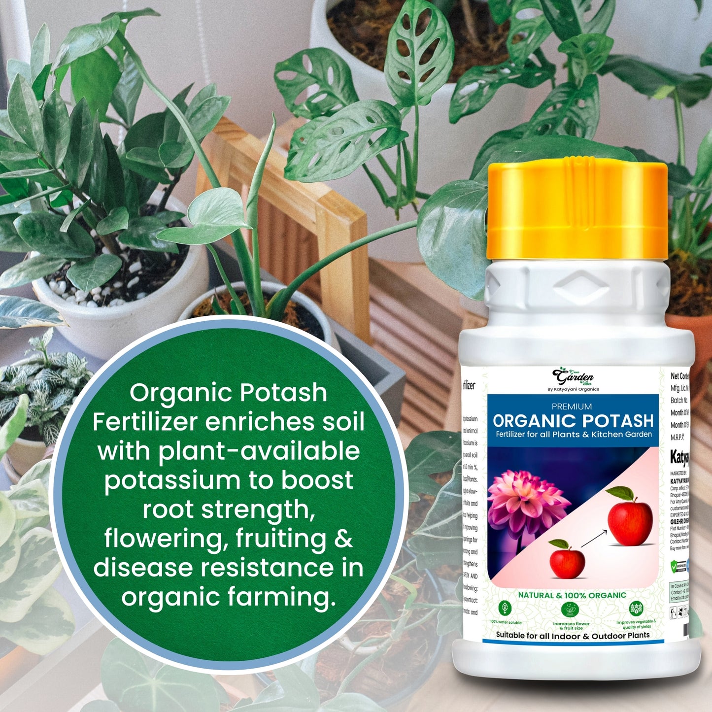 Organic potash fertilizer bottle with plants in the background