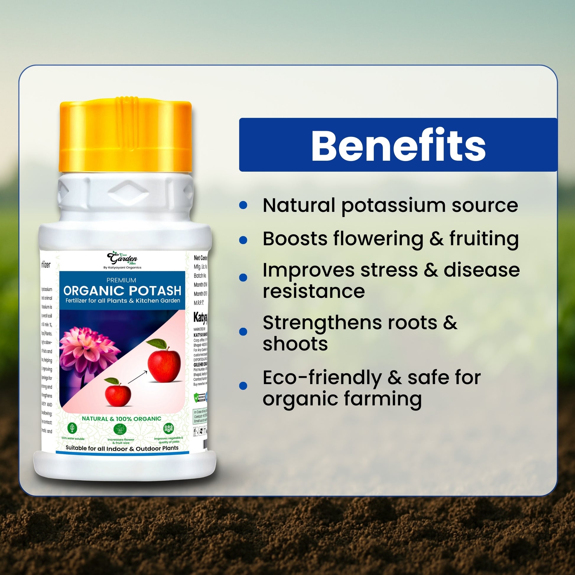 Organic potash bottle with benefits listed on a gray background