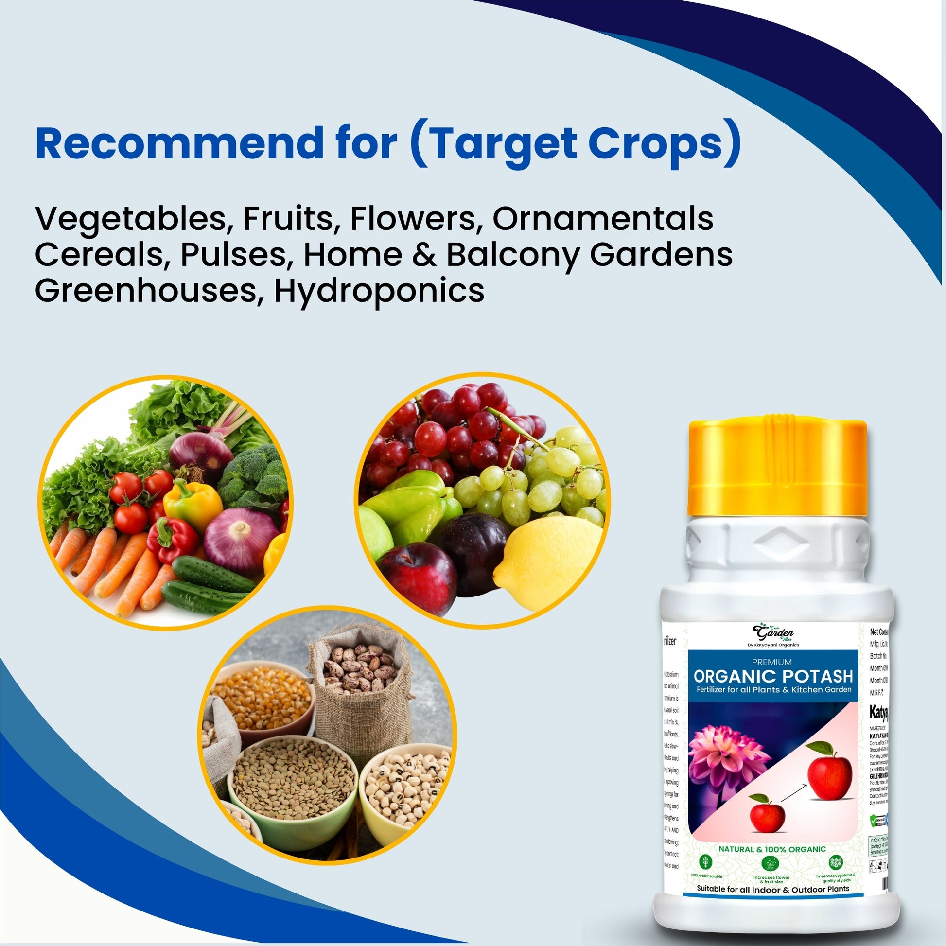Advertisement for organic potash fertilizer with images of fruits, vegetables, and grains on a blue background.