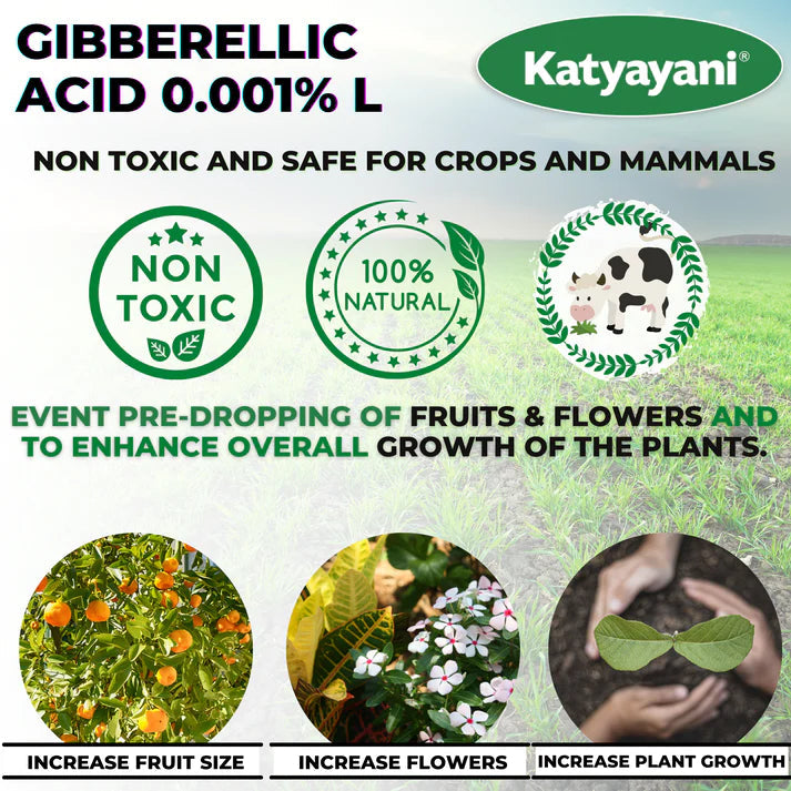 Advertisement for Katyayani Gibberellic Acid with product details and benefits on a white background.