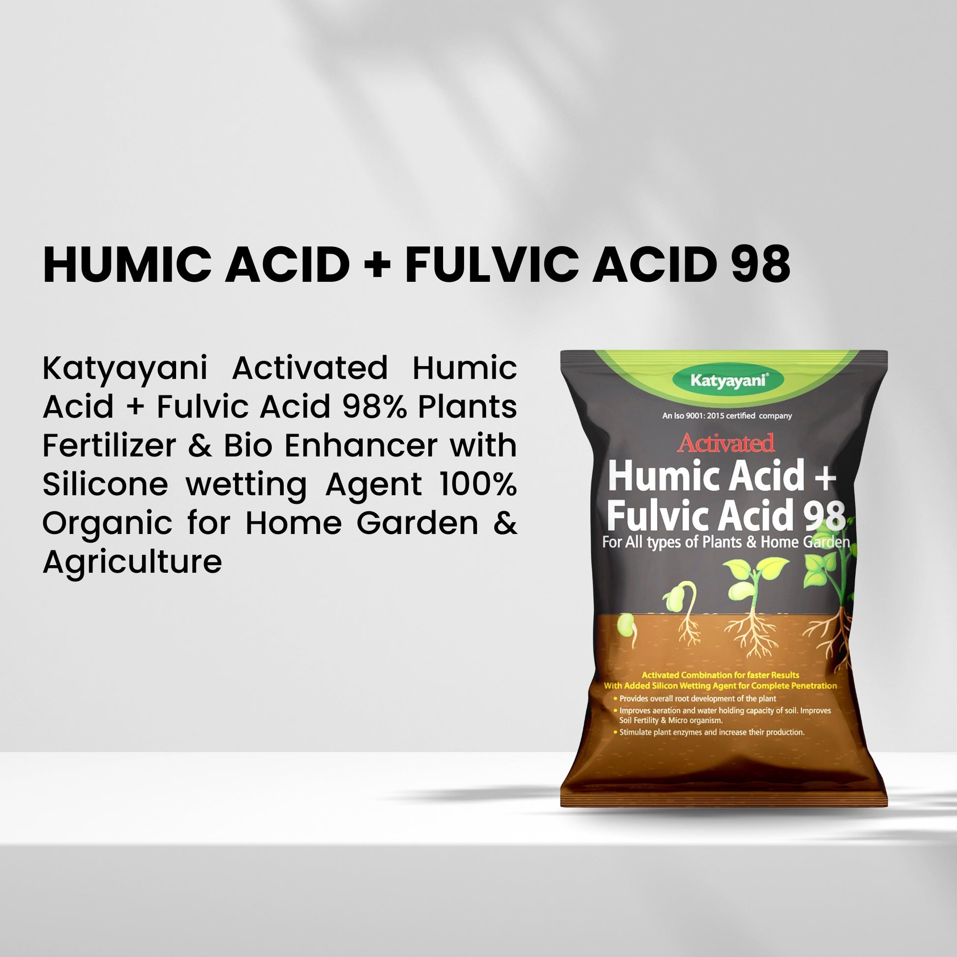 Katyayani Activated Humic Acid + Fulvic Acid 98 fertilizer package on a white background