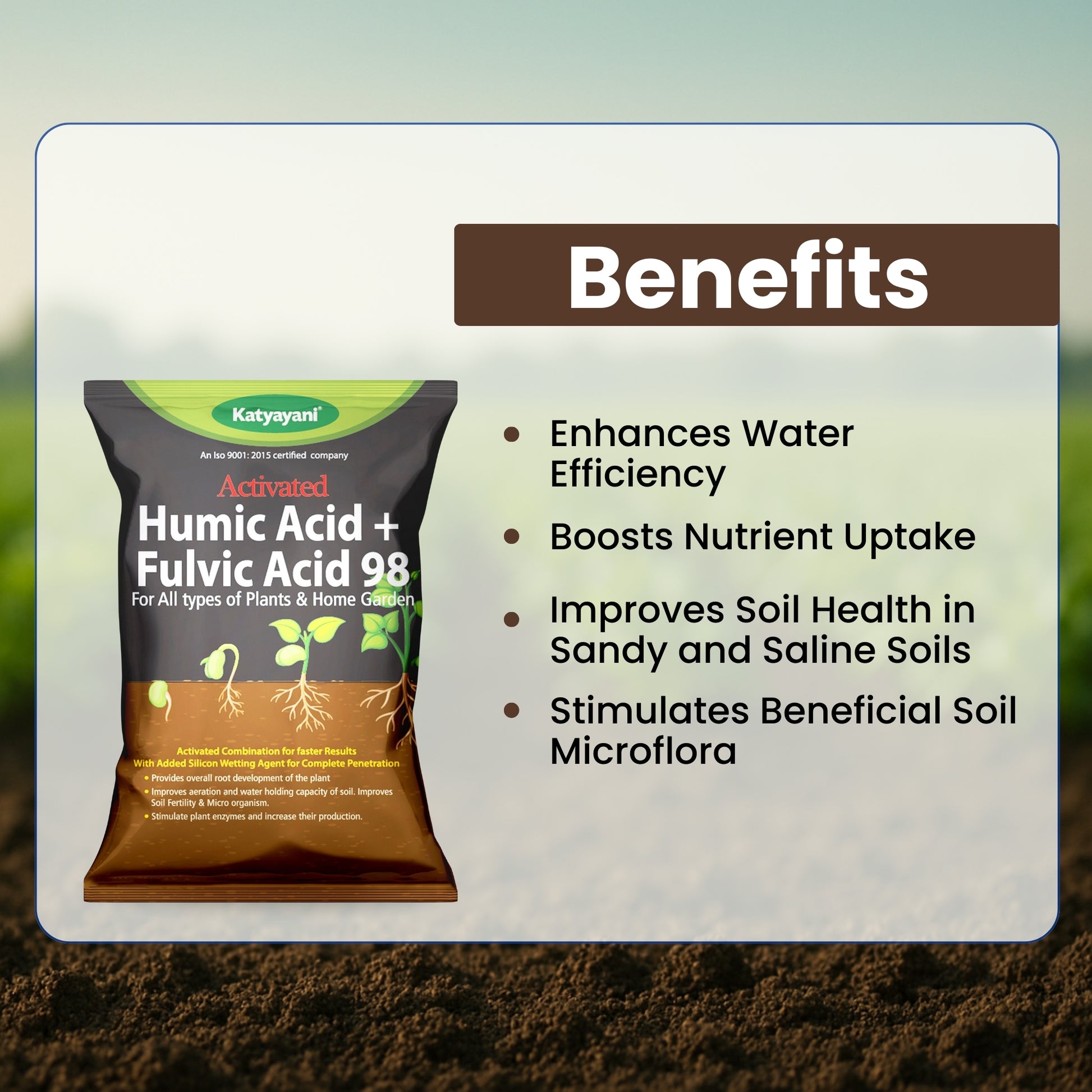 Katyayani Activated Humic Acid + Fulvic Acid 98 package with benefits listed on a blurred natural background