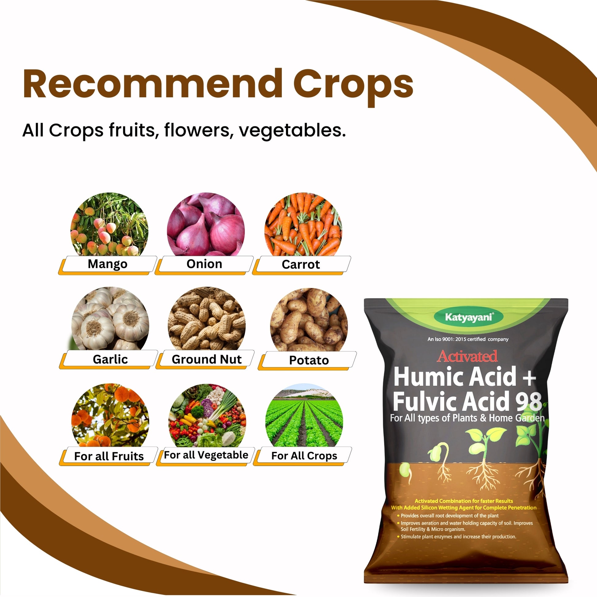 Promotional image of a humic acid and fulvic acid product with images of fruits, vegetables, and flowers.