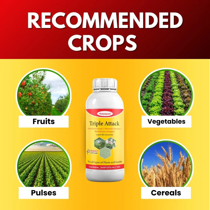 Bottle of 'Triple Attack' fertilizer with images of fruits, vegetables, pulses, and cereals on a yellow background.