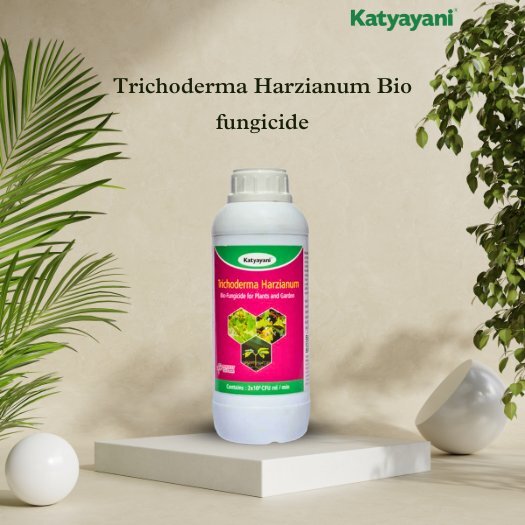 Bottle of Trichoderma Harzianum bio fungicide on a white platform with green plants.