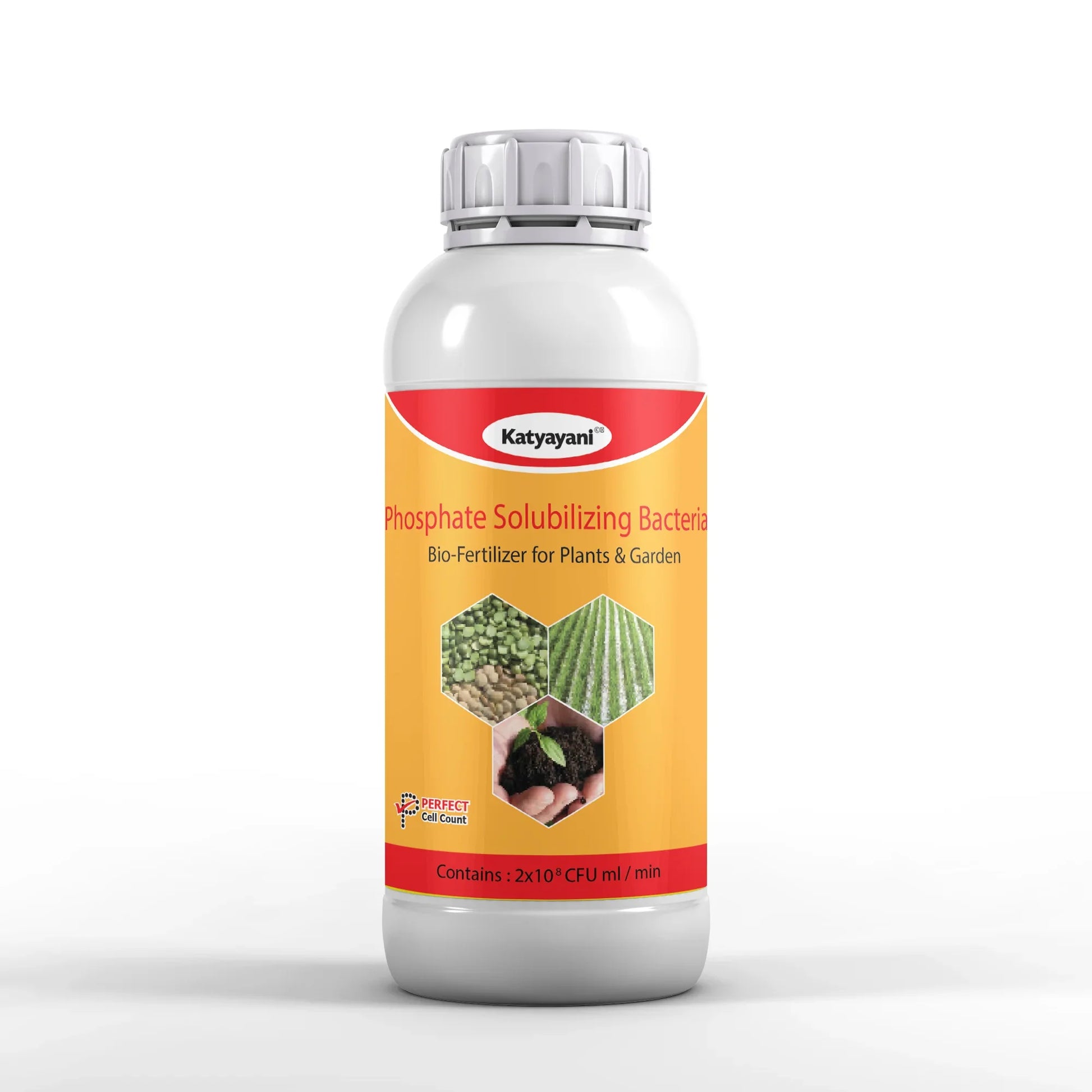 A bottle of Katyayani PSB Phosphate Solubilizing Bacteria bio fertilizer designed for plants and gardens, with a white and orange label.