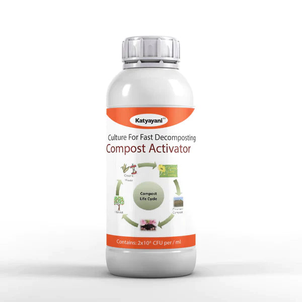 A bottle of Katyayani Compost Activator with a label depicting illustrations of plants and microbes, indicating its function for fast composting.
