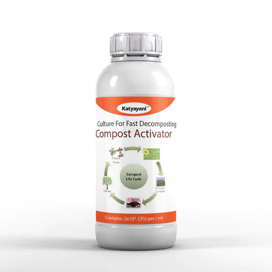 A bottle of Katyayani Compost Activator with a label depicting illustrations of plants and microbes, indicating its function for fast composting.