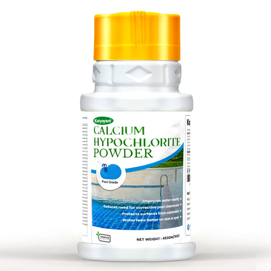 A bottle of GGV Calcium Hypochlorite Powder, predominantly white with a yellow cap, labeled for pool grade use.