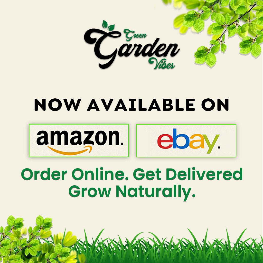 Advertisement for 'Green Garden Vibes' with logos for Amazon and eBay on a light green background.