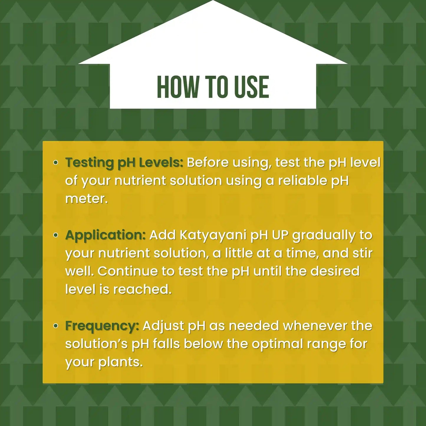 Instructions on how to use Katyayani pH UP for plant nutrient solutions on a green background with text box.