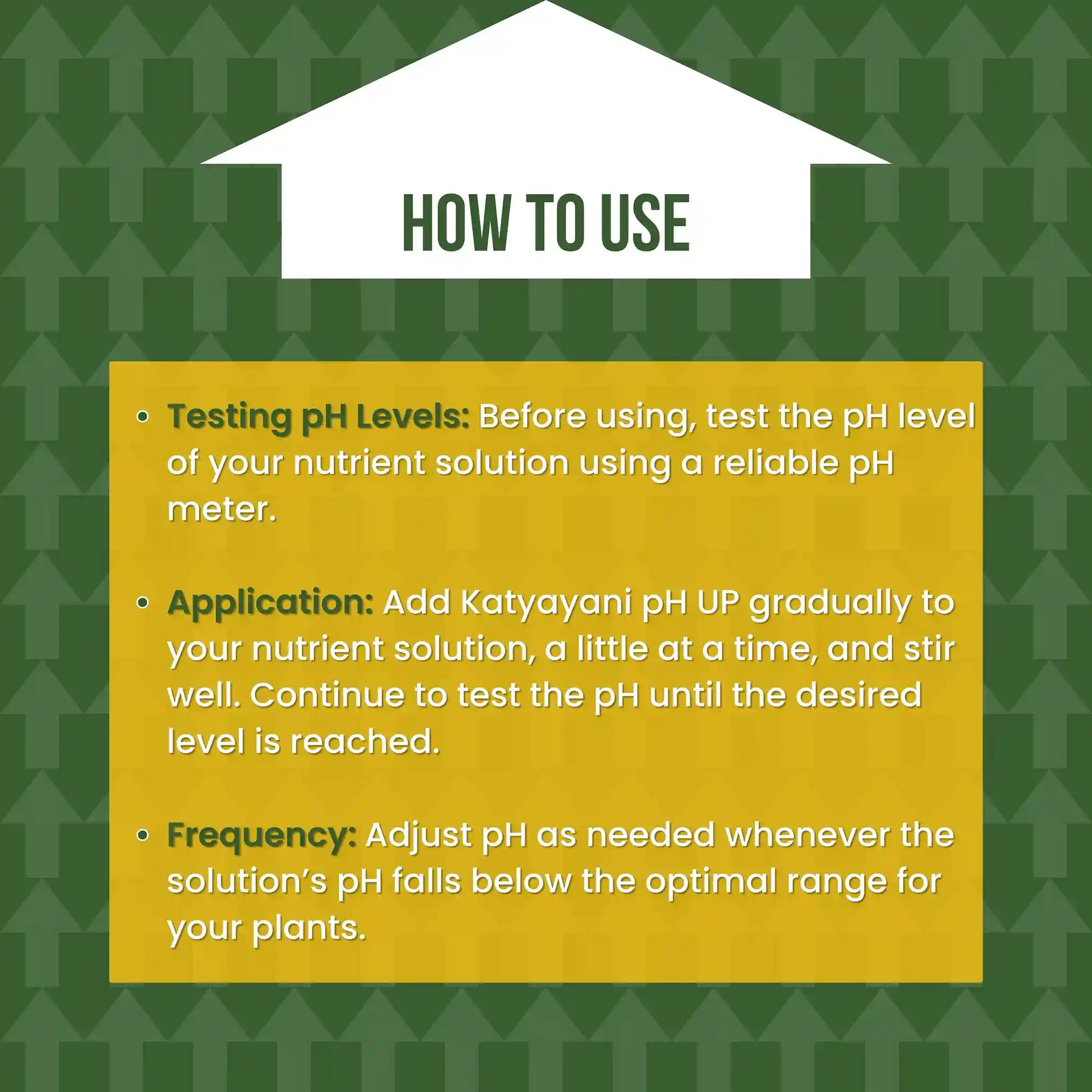 Instructions on how to use Katyayani pH UP for plant nutrient solutions on a green background with text box.