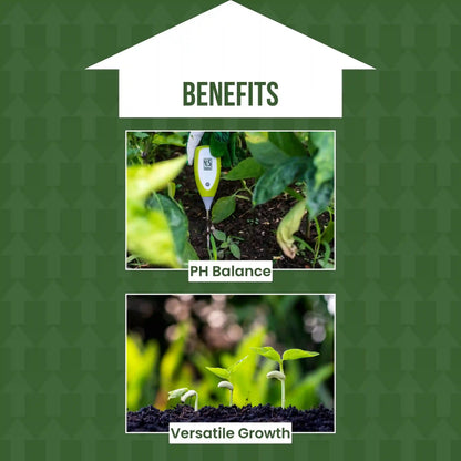 Diagram showing benefits of pH balance and versatile growth with images of plants and a fertilizer.