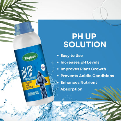 Katyayani pH Up solution bottle with plant growth benefits on a blue background