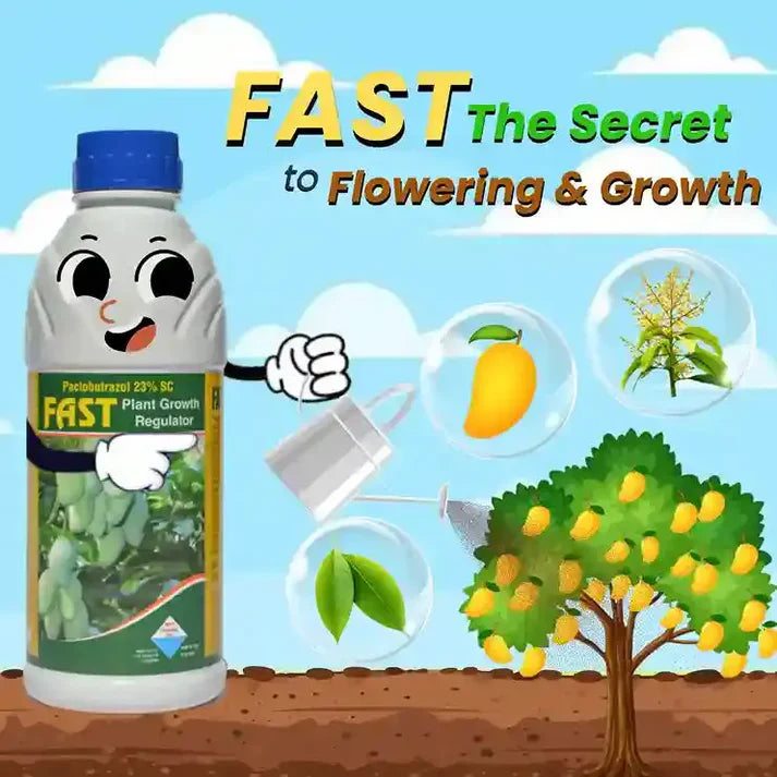 Bottle of FAST plant growth regulator with cartoon character on a blue background