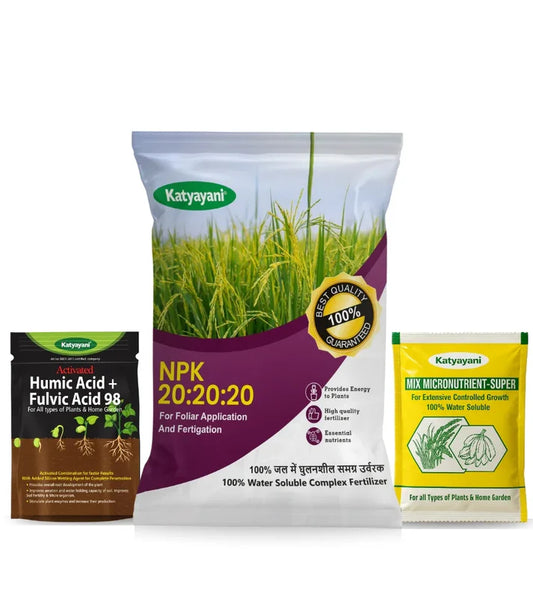 GGV Katyayani NPK 20:20:20 Organic Water Soluble Fertilizer | All-in-One Plant Food for Home Garden | Includes 2 Free Samples (Micronutrients & Humic Acid) | 500g for Indoor & Outdoor Plants
